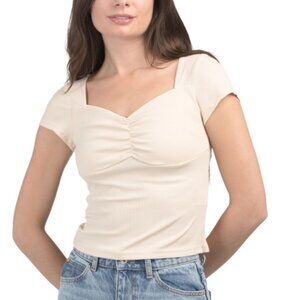 NWT PAPERHEART Designed in Australia Short Sleeve Ribbed Knit Cream Top Size 10